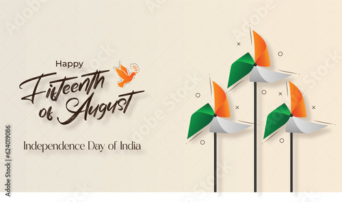 Indian Independence Day celebration banner with Realistic Tricolor Pinwheels. 15th of August poster template
