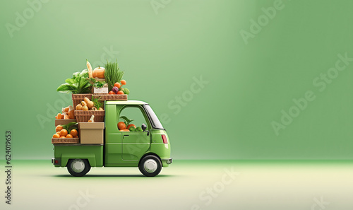 Fast delivery service car driving with order business background concept. Home delivery fresh vegetables in basket. food delivery service. woman accepting groceries box.