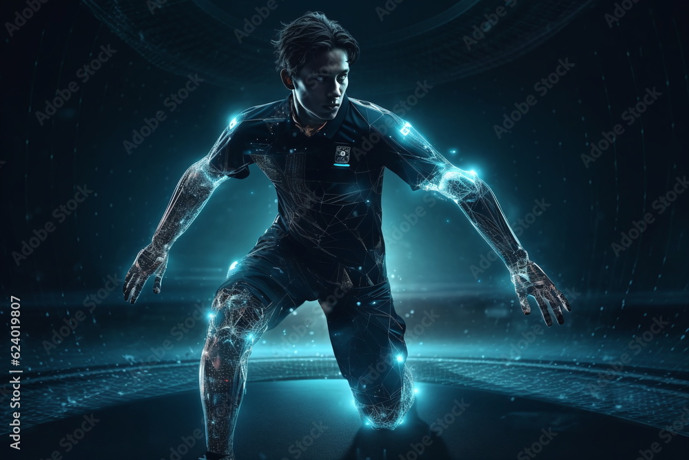Soccer player in futuristic surrounding with blue backround, AI generated - obrazy, fototapety, plakaty 