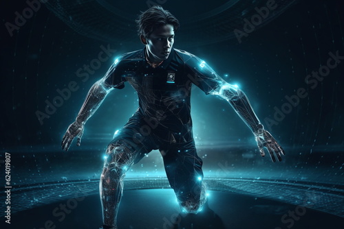 Soccer player in futuristic surrounding with blue backround, AI generated © Stefan Freytag