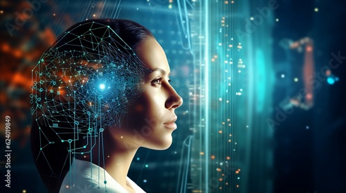 The concept of a woman in a futuristic world filled with artificial intelligence. Generative AI