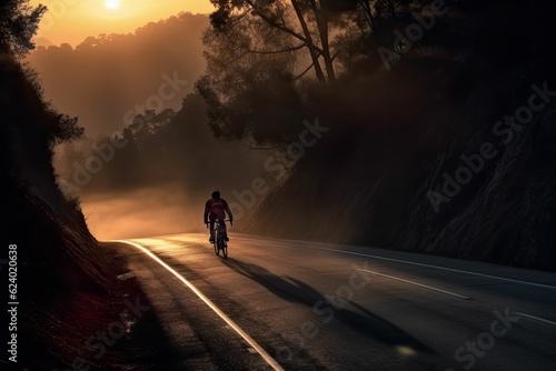 Rear view of a cycling man riding a bike outside during a sunset