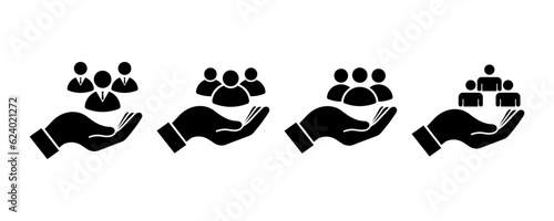Set of hand with person or team vector icons. Support or insurance people. Vector 10 Eps.