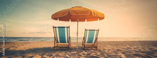 Two chairs on the beach next to an umbrella © Abzal
