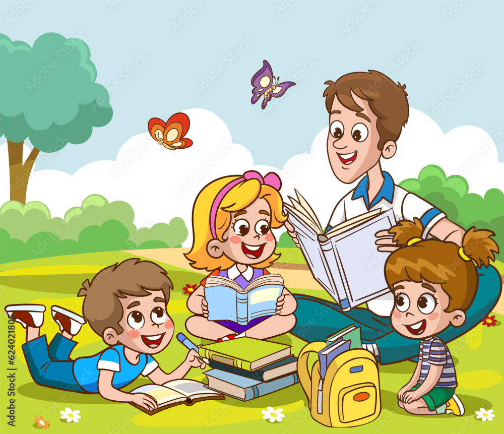 cute kids and father reading together.Teacher reading books to children.