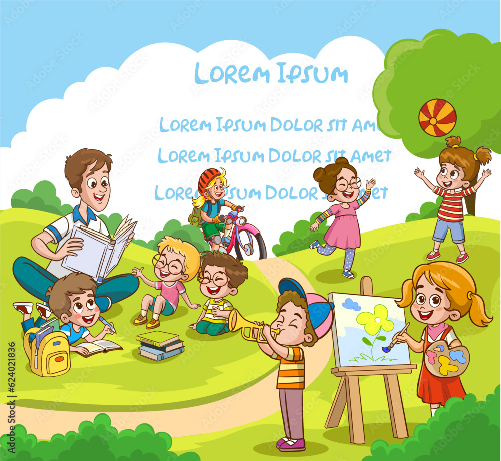 Children in park,summer camp.Babysitter,teacher,Mum reading book to children. Girl drawing the watercolor.Group children playing, spending time in games, having fun, fooling around.