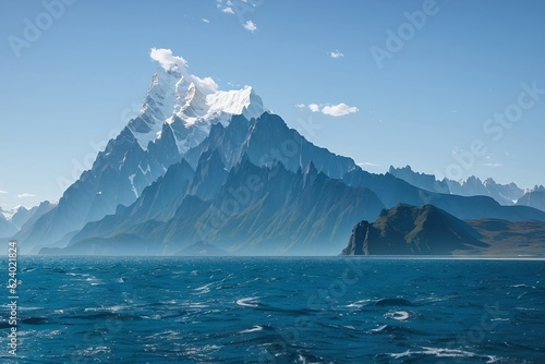 The sea has mountains behind it.