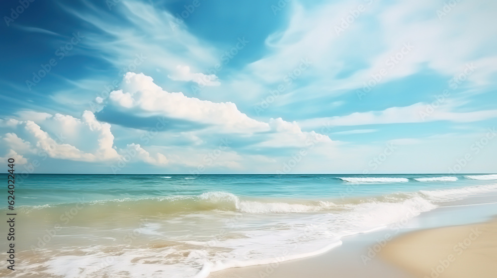Sea coast and blue sky adorned with fluffy white clouds. Blue turquoise sea, waves with white foam run into yellow sand. Good place for calm summer retreat. Horizontal image, Generative AI Sea coast and blue sky adorned with fluffy white clouds. Blue turquoise sea, waves with white foam run into yellow sand. Good place for calm summer retreat. Horizontal image, Generative AI