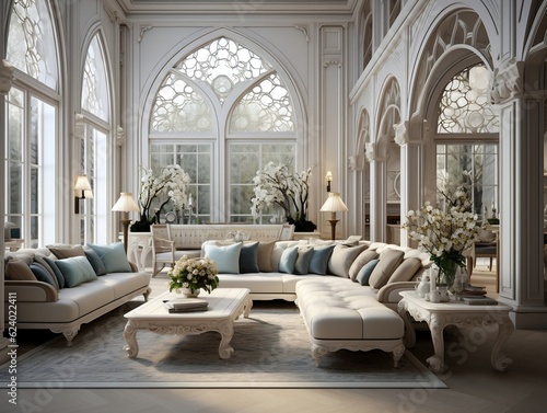 Luxury eastern interior design of modern living room with carved furniture and arched windows generative ai © tanjidvect