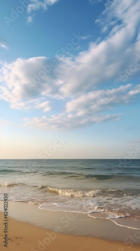 Blue sky and white clouds over the sea coast. Yellow sand  blue turquoise sea  sunny day. The concept of a peaceful summer vacation. Vertical image  Generative AI