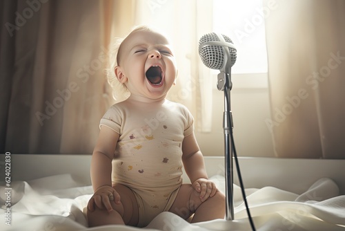 cute toddler singer singing with vintage microphone, Generative Ai photo