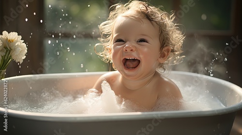 Happy baby bath time with bubble and water splashing  Generative Ai