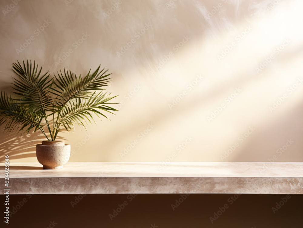 Sunlit Modern Empty Pastel Brown Concrete Counter Tabletop, Enhanced by the Delicate Shadow of Palm Leaves on a Textured Stucco Wall. The Perfect Backdrop for product display generative ai Sunlit Modern Empty Pastel Brown Concrete Counter Tabletop, Enhanced by the Delicate Shadow of Palm Leaves on a Textured Stucco Wall. The Perfect Backdrop for product display generative ai