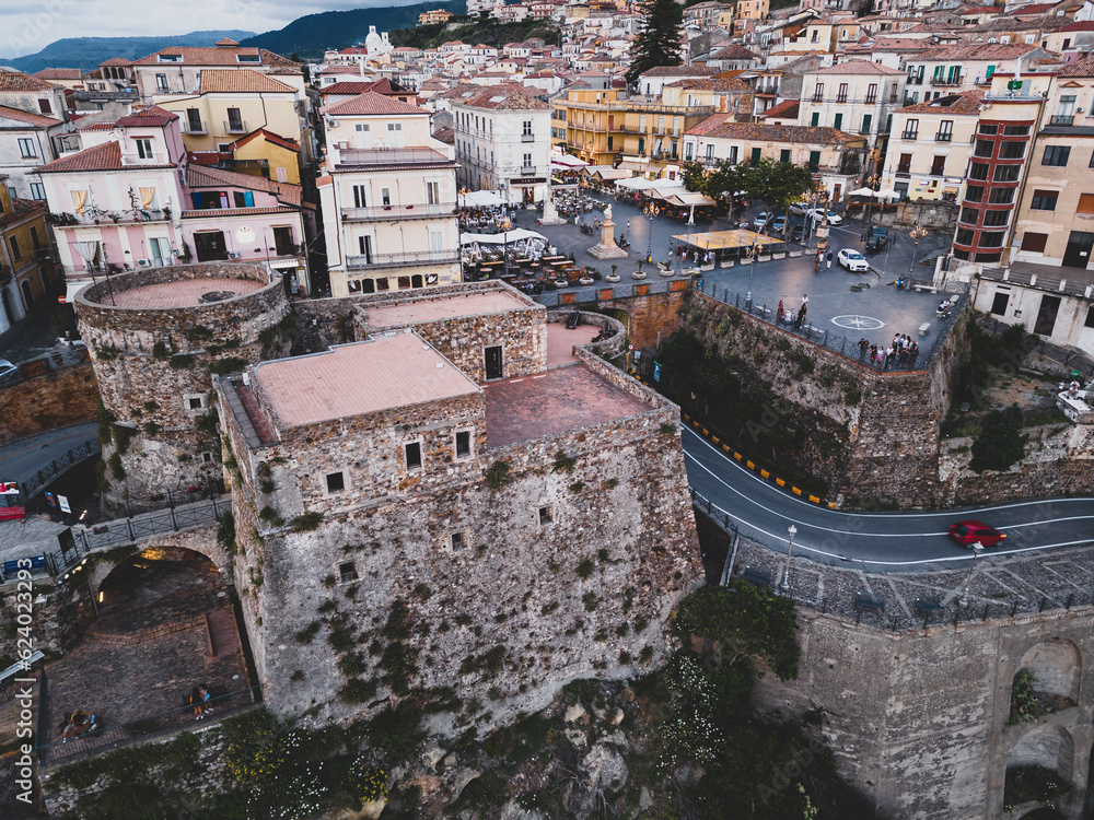 aerial view from the drone of Pizzo Calabro, a town on the coast of the Gods in the province of Vibo Valetia in Calabria. The town is famous for truffles and ice cream in general