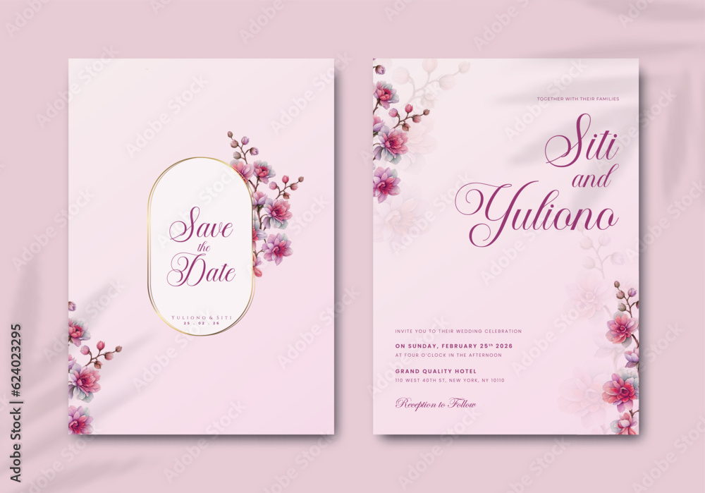 beautiful wedding invitation card template with flower illustration watercolor premium vector