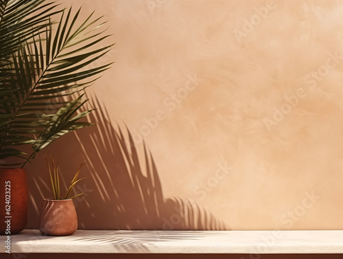 Sunlit Modern Empty Pastel Brown Concrete Counter Tabletop  Enhanced by the Delicate Shadow of Palm Leaves on a Textured Stucco Wall. The Perfect Backdrop for product display generative ai