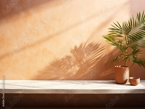 Sunlit Modern Empty Pastel Brown Concrete Counter Tabletop, Enhanced by the Delicate Shadow of Palm Leaves on a Textured Stucco Wall. The Perfect Backdrop for product display generative ai