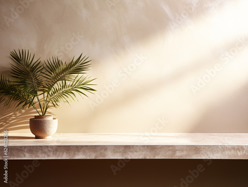 Sunlit Modern Empty Pastel Brown Concrete Counter Tabletop, Enhanced by the Delicate Shadow of Palm Leaves on a Textured Stucco Wall. The Perfect Backdrop for product display generative ai