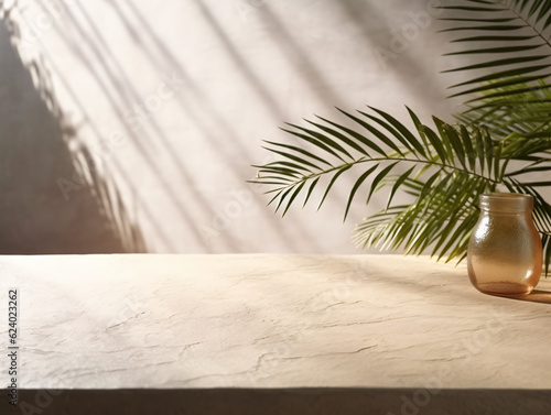 Sunlit Modern Empty Pastel Brown Concrete Counter Tabletop, Enhanced by the Delicate Shadow of Palm Leaves on a Textured Stucco Wall. The Perfect Backdrop for product display generative ai