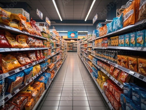 an inside of a supermarket with a snack display rack, a long corridor, and light bulbs on the ceiling. Generative AI