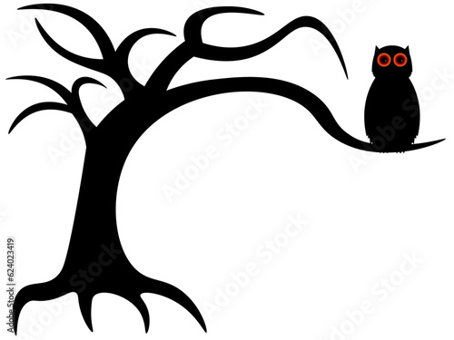 Black silhouette of a gnarled dry bare tree and owl on a white background. Halloween scary spooky dead tree