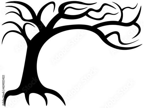 Black silhouette of a gnarled dry bare tree on a white background. Halloween scary spooky dead tree