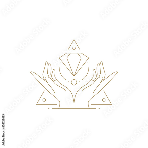 Human hands holding beautiful natural jewelry gem premium minimalist design line art icon vector