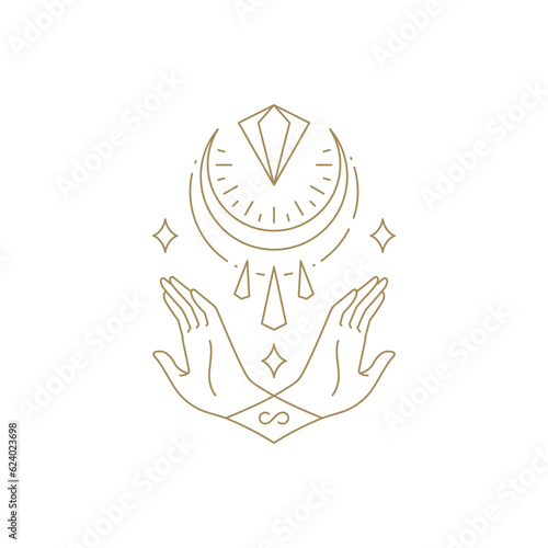 Crossed human palms spa relax meditation half moon jewelry gem insignia golden line icon vector