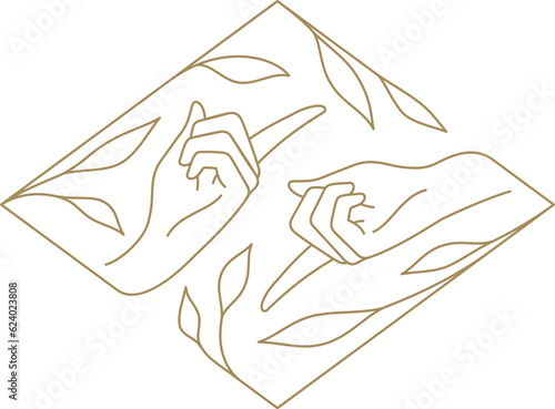 Human hand pointing forefingers natural branches botanical leaves square frame line icon vector