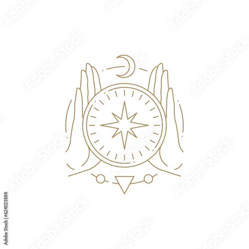 Esoteric human hands occultism compass half moon star magic monochrome emblem line icon vector