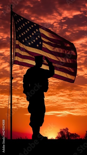 A silhouette of a soldier saluting the flag Generative AI