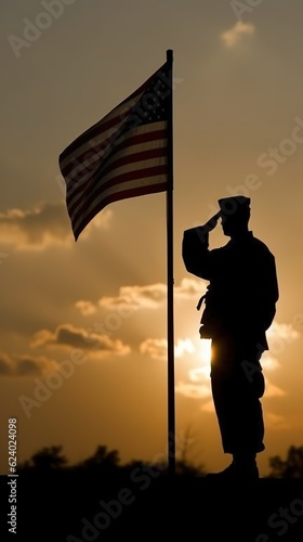A silhouette of a soldier saluting the flag Generative AI