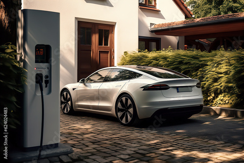 Clean Energy Solutions: Close-Up of Charging Station for Electric Vehicle in the parking lot in front of the house