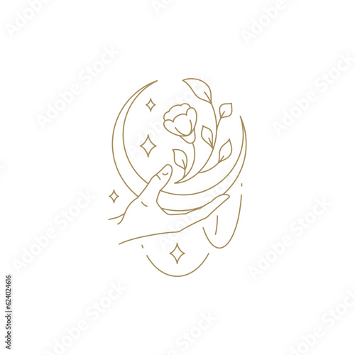Romantic human hand holding half moon with organic natural flower line art emblem design vector