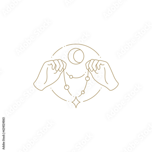 Human hands holding jewelry gem premium necklace esoteric half moon circle frame line icon vector