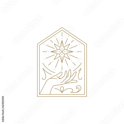 Human hand with esoteric bright spiritual star geometric frame decorative design line icon vector