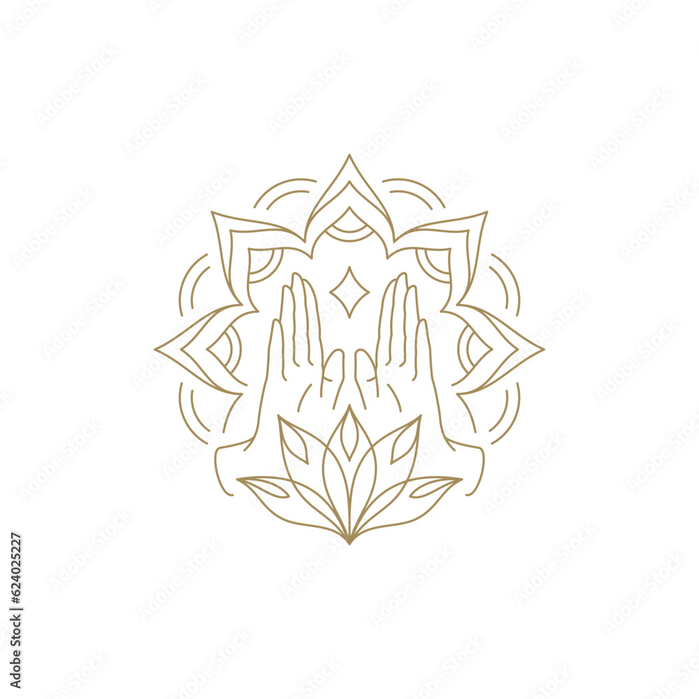 Magic human arms elegant lotus flower meditation esoteric decorative design line art icon vector