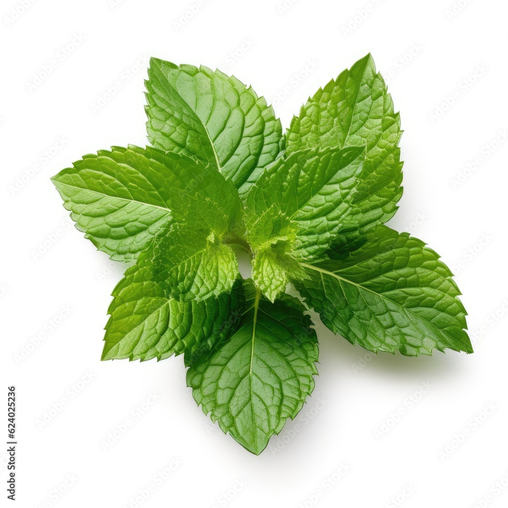 Mint leaf on white background. Fresh raw mint leaves isolated. Full depth of field. Generative AI Mint leaf on white background. Fresh raw mint leaves isolated. Full depth of field. Generative AI