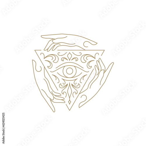 Magic human hands triangle curved frame occultism symbol with all seeing eye line art icon vector