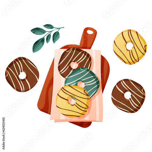 Homemade baked donuts with toppings in cutting board, pastry products. Pastries from the dough.Baking, bakery shop, cooking, sweet products, dessert.Vector for poster, banner, menu, cover, advertising