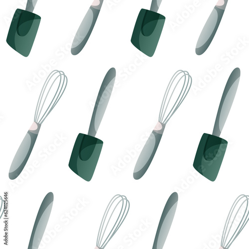 Pattern with kitchen silicone spatula, whisk for homemade cooking. Baking tools, utensils, supplies, stuff. Bakery shop, sweet products, dessert. Vector for poster, banner, menu, cover