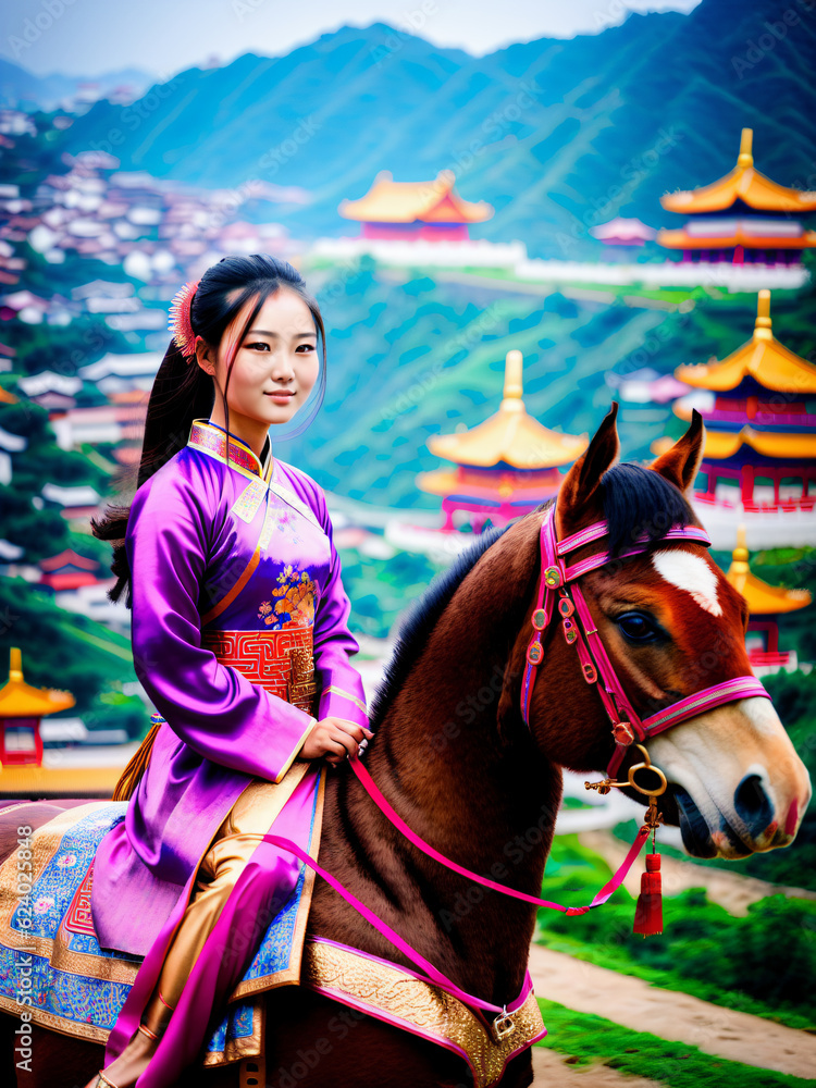 A chinese girl riding on a warhorse. Beautiful woman wearing a traditional kimono. Generative AI