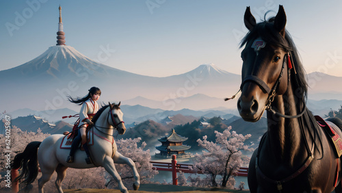 A chinese girl riding on a warhorse. Beautiful woman wearing a traditional kimono. Generative AI