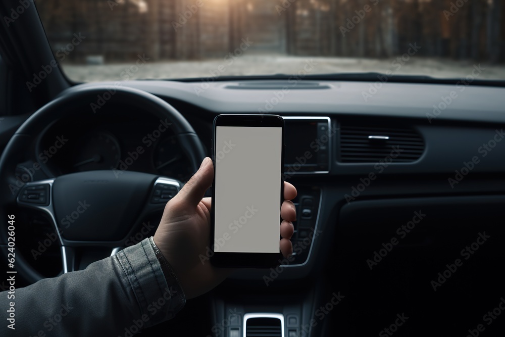 Mock up of man using blank screen mobile phone inside a car