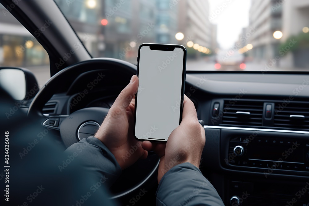 Mock up of man using blank screen mobile phone inside a car Mock up of man using blank screen mobile phone inside a car