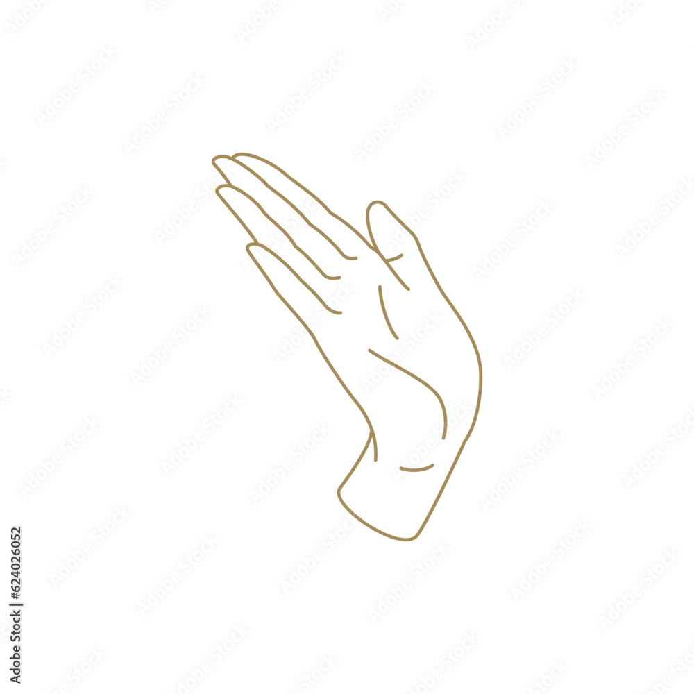 Obraz premium Vertical elegant human hand minimalist golden line icon greeting cheers gesture vector illustration