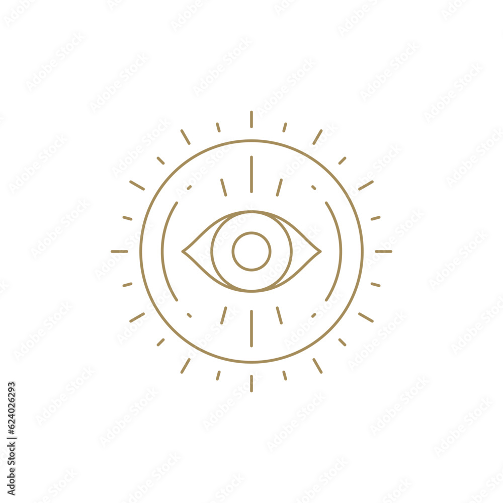Esoteric bright sun beams and all seeing eye mythology optical vision expertise line art icon vector Esoteric bright sun beams and all seeing eye mythology optical vision expertise line art icon vector