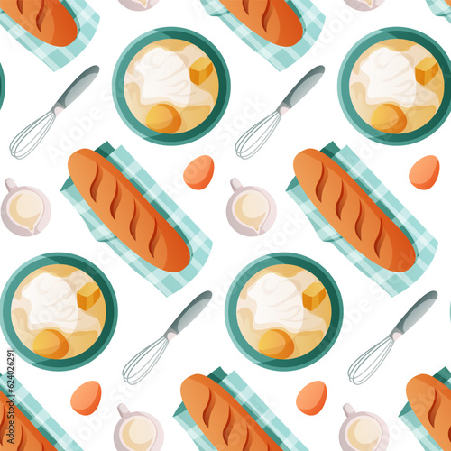 Pattern kitchen homemade baked bread, dough bowl with flour and eggs. Baking tools, utensils, supplies, bakery stuff. Bakery shop, cooking, sweet products, dessert. Vector for poster, banner, menu