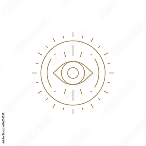 Esoteric bright sun beams and all seeing eye mythology optical vision expertise line art icon vector