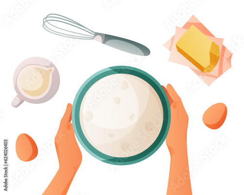 Homemade dough cooking bowl with dough. Kitchen bakery stuff, process of baking. Baking, bakery shop, cooking, sweet products, dessert. Vector for poster, banner, menu, cover, advertising